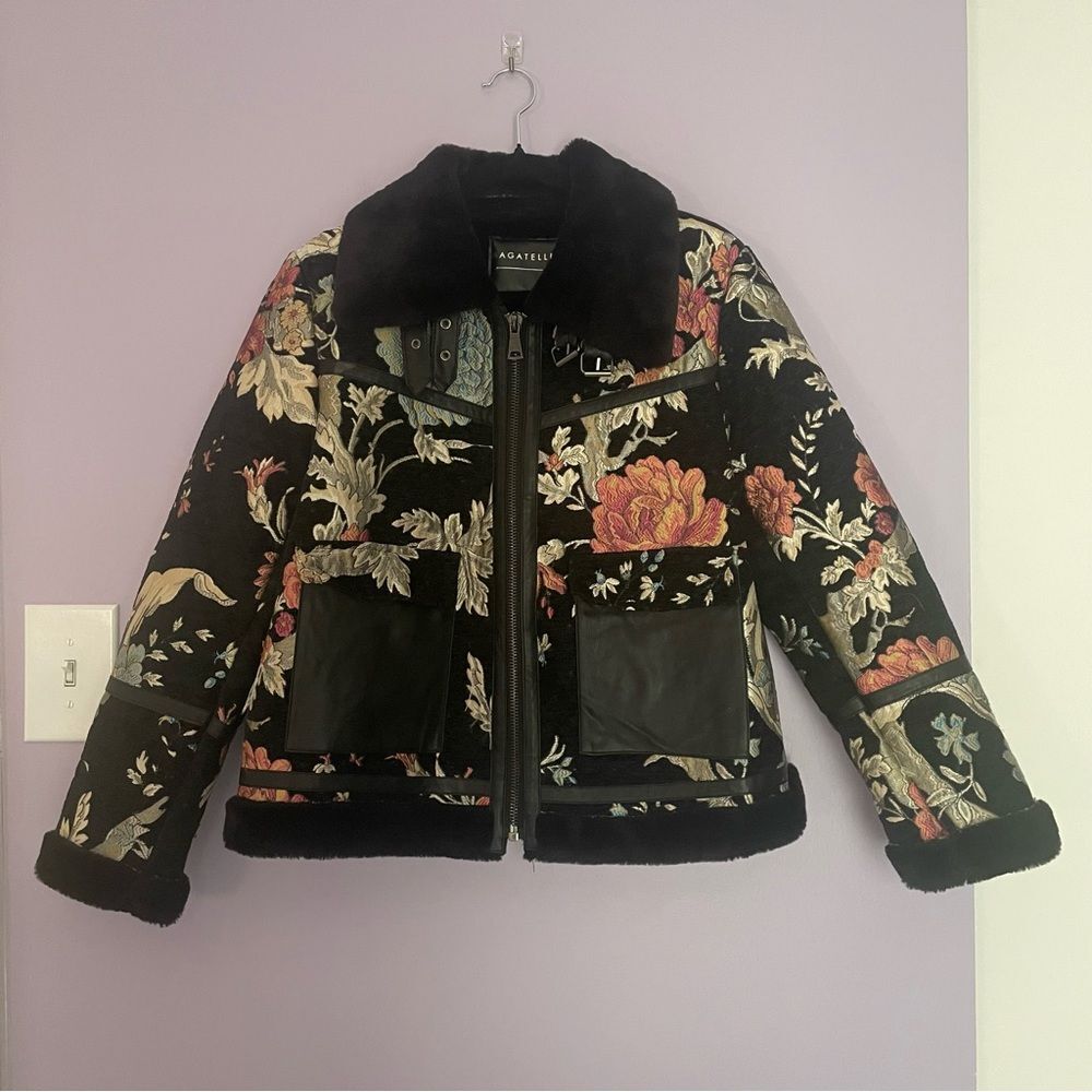 Bagatelle Black Floral Embroidered Jacket Faux Fur & Leather Trim